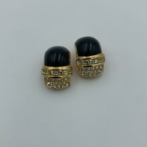 Vintage Christian Dior Black Enamel
Clip On Earrings Crystal Gold Tone 80s